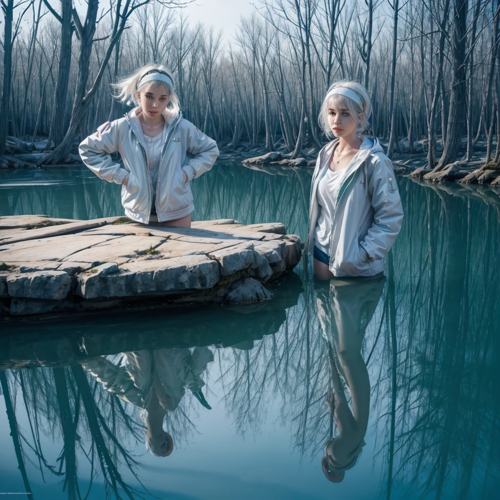 Short white hair girl, with white jacket and headband, reflected in crystal clear waters,full HD,8k,realist