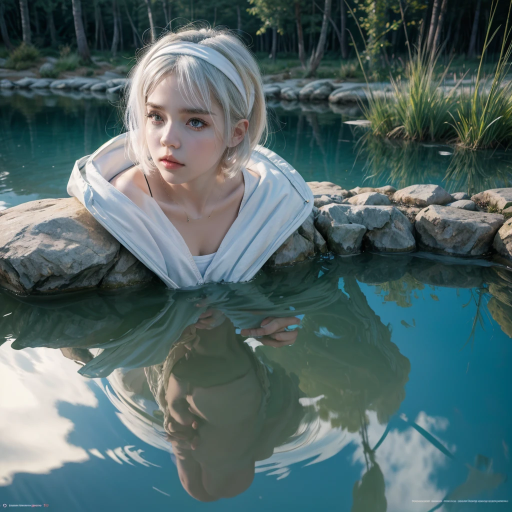 Short white hair girl, with white jacket and headband, reflected in crystal clear waters,full HD,8k,realist