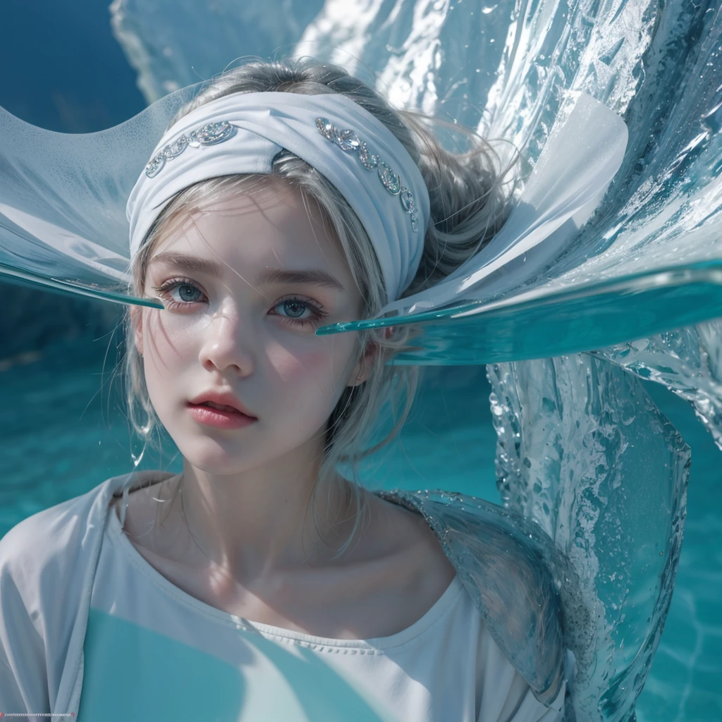 Short white hair girl, with white jacket and headband, reflected in crystal clear waters,full HD,8k,realist