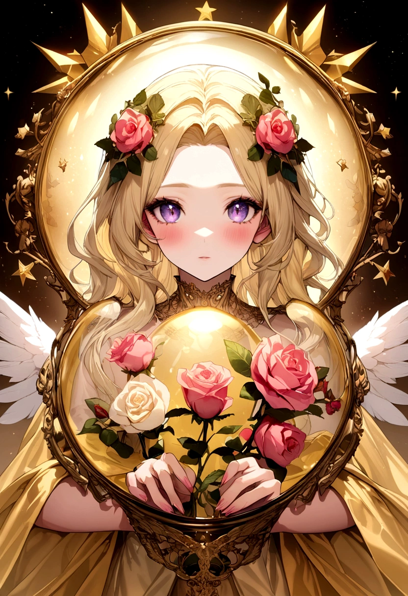 
In a golden transparent glass bubble, Dark Star Background, Beautiful blonde 30 year old angel with Rose of Sharon, k resolution super detailed