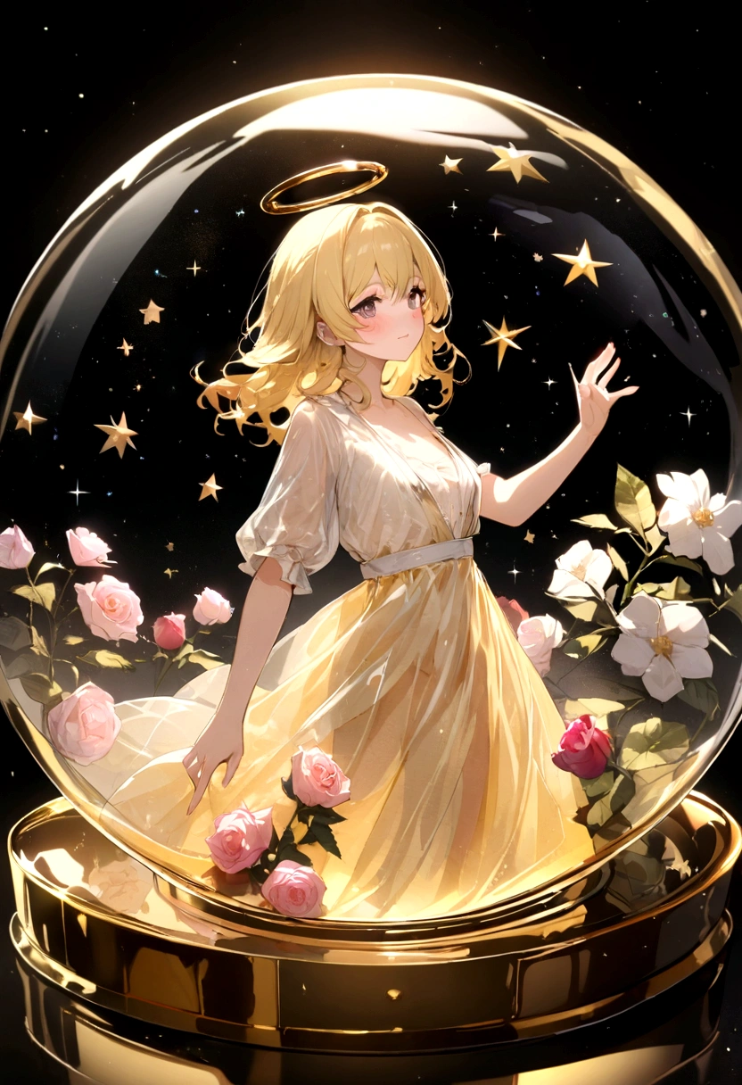 In a golden transparent glass bubble, Dark Star Background, Beautiful blonde 30 year old angel with Rose of Sharon, k resolution super detailed