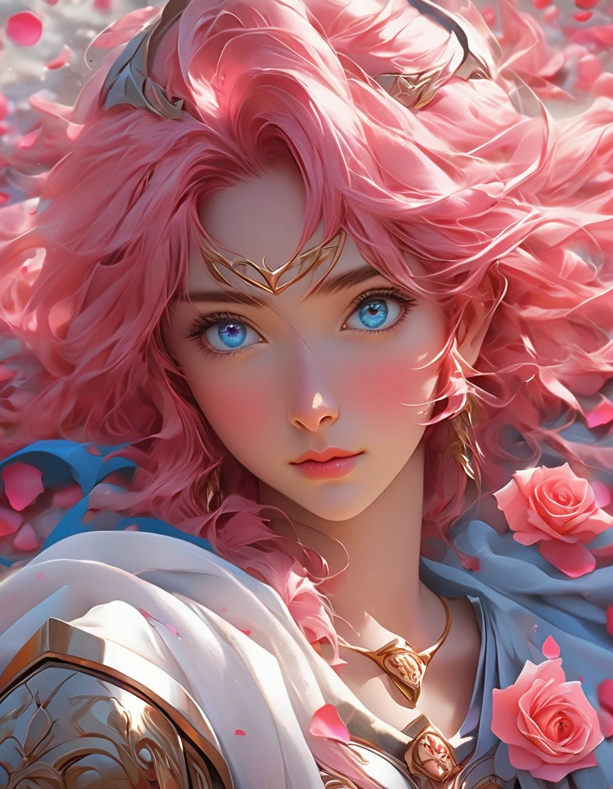 Anime girl with pink hair and blue eyes surrounded by rose petals, Portrait of a girl in the Knights of the Zodiac, Stunning Anime Face Portraits, Detailed digital anime art, Gwaiz, Beautiful anime portraits, 8k high quality detailed art, artwork in the style of Gwaiz, Inspired by Yanjun Chen, Smooth anime CG art, Yanjun Chent, Cute realistic portrait
