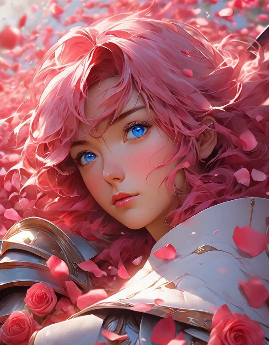 Anime girl with pink hair and blue eyes surrounded by rose petals, Portrait of a girl in the Knights of the Zodiac, Stunning Anime Face Portraits, Detailed digital anime art, Gwaiz, Beautiful anime portraits, 8k high quality detailed art, artwork in the style of Gwaiz, Inspired by Yanjun Chen, Smooth anime CG art, Yanjun Chent, Cute realistic portrait
