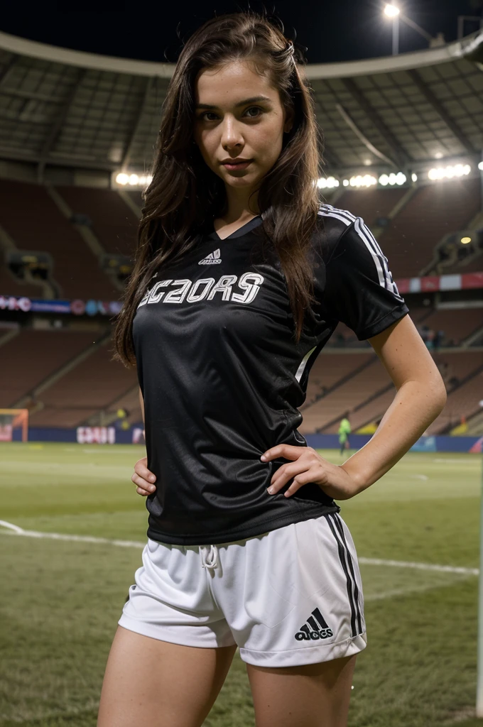 1girl in, 30 years old, Square face, Long hair, Looking at the viewer, jewelry, Realistic, Sexy, soccer team outfit, field background - stadium - stands, freestyle pose