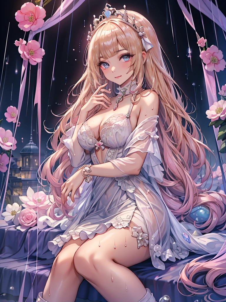 Ruffles sewn into a large number of clothes Panier Berry Long Skirt Illustrated style Anime Style Frown Very small mouth Smile shyly Kindergarteners Very short stature Baby Face beautiful girl Very cute clothes very large chest Very distended chest Pink cheeks In the city Princess Room Sleeping in a cute frilly bed with a canopy Blonde Long Hair Super Curly Hair Super long sideburns 濡れて透けたSee-throughの衣服 Wet and sheer turtleneck shocking pink silk wedding dress Princess Tiara Wet and transparent very long shocking pink silk skirt Wet and transparent pearl white silk tights Wet and transparent pearl white silk innerwear Metallic luster A large amount of hot pink silk ribbons attached to the clothes Soaked in the rain Wet and transparent pearl white super long silk gloves Shocking pink silk pantyhose with fine embroidery that becomes transparent when wet silk garter belt Pitiful clear Big eyes Droopy eyes Shocking Pink Rouge Super long white leather boots Wet and see-through white silk bodysuit See-through Clothes that are see-through from the rain Clothes are wet with sweat and transparent