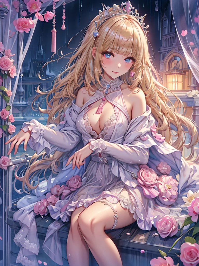((top-quality、8K、masterpiece:1.3)),high-level image quality、最high-level image quality、top-quality、hiquality、slenderbody、Beautiful feceボディーライン、(Beautiful fece大人の女性)、Colossal tits、Sexy style、Insist cleavage、Boob emphasis、ultra-detailliert、Beautiful and aesthetic、Beautiful fece、masterpiece、Show off your cleavage)、garterbelts、Beautiful fece女性は, (medium length yellow hair),、Lovely smile, (Warm colors), moist, moist, Reflectors, (masutepiece) 、(Best Quality) (Detailed) , (8K) (Studio Lighting) (Convoluted) , ((Flower arch so magical and dreamy)), opulent, ethereal fairy tale, Rich pastel color palette, Ethereal dreamy theme, dreamy and detailed, The setting of a fairy tale:, (((building with many flowers)))、anime fantasy artwork, anime fantasy illustration, Beautiful feceアートワークのイラスト, Beautiful feceアニメアートwork, elaborate digital art, Convolutedな華やかなアニメCGIスタイル, anime art nouveau cosmic display, Beautiful feceアニメアート, Beautiful feceデジタル芸術作品, Beautiful feceファンタジーアニメ, Detailed anime artwork, Detailed Digital Anime Art, dreamy psychedelic anime、Beautiful fece表現、Beautiful fece乳房、A detailed eye、Clearly eye-catching, beautiful and alluring、Beautiful fece目、Narrow waist、Beautiful fece白い肌、red rip、((Flower decoration all over long hair))、(Sexy sheer underwear)、garterbelts、(Enamel Bondage Costume)