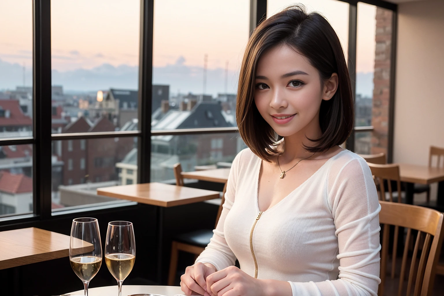 ((Highest quality、、masterpiece:1.3))、1 male 1 female、Slim Beauty、Beautiful couple、smile、full-course dinner、 (Slim face), (the body is スリム), (Brown Hair), (Shortcuts), ((Bob Hale、Straight hair:1.2)), テーブルの上のwine glass、Put the light on your face、 Amazing view of the sunset sky and clouds、smileの美しさ、Bright image、Blushing, Shortcuts, (43 years old), 45 years old, Appetizers、Italian food、Wine bottle、Champagne、sparkling wine、Long sleeve shirt、dress、Attractive beauty、restaurant, Nova Frog Style, actress, model, Upper Body, White wine, red wine, wine glass,