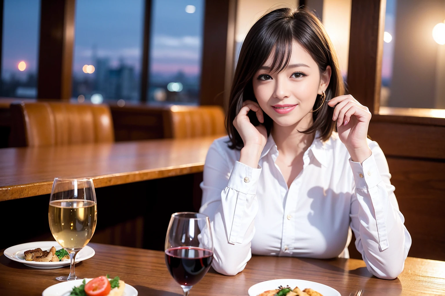 ((Highest quality、、masterpiece:1.3))、1 male 1 female、Slim Beauty、Beautiful couple、smile、full-course dinner、 (Slim face), (the body is スリム), (Brown Hair), (Shortcuts), ((Bob Hale、Straight hair:1.2)), テーブルの上のwine glass、Put the light on your face、 Amazing view of the sunset sky and clouds、smileの美しさ、Bright image、Blushing, Shortcuts, (43 years old), 45 years old, Appetizers、Italian food、Wine bottle、Champagne、sparkling wine、Long sleeve shirt、dress、Attractive beauty、restaurant, Nova Frog Style, actress, model, Upper Body, White wine, red wine, wine glass,
