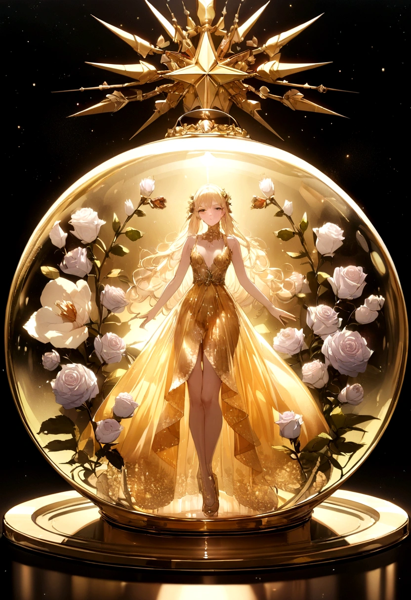 In a golden transparent glass bubble, Dark Star Background, Beautiful blonde 30 year old angel with Rose of Sharon, k resolution super detailed