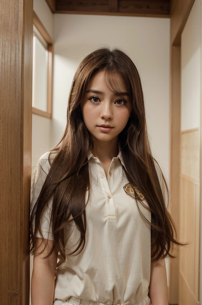 1girl,solo,, official art, unity 8k wallpaper, ultra detailed, beautiful and aesthetic, beautiful, masterpiece, best quality, A girl with long brown hair, has brown eyes with long eyelashes, her cheeks are natural red, she is wearing a sexy and open student uniform japanese

