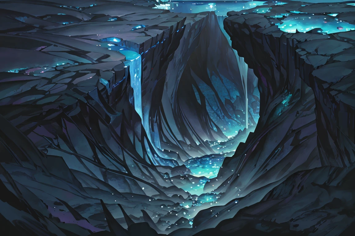 summer, blue lava rock area, blue lava rock formation, (illustration : 1.0), Narrative composition, realistic lighting, HD detail, masterpiece, best quality best, (Highly detailed CG integrated 8k wallpaper), wide and flat rocky area, A small, sharp, rough rock at the top of the screen., Blue liquid flowing through a crevice in the rock,