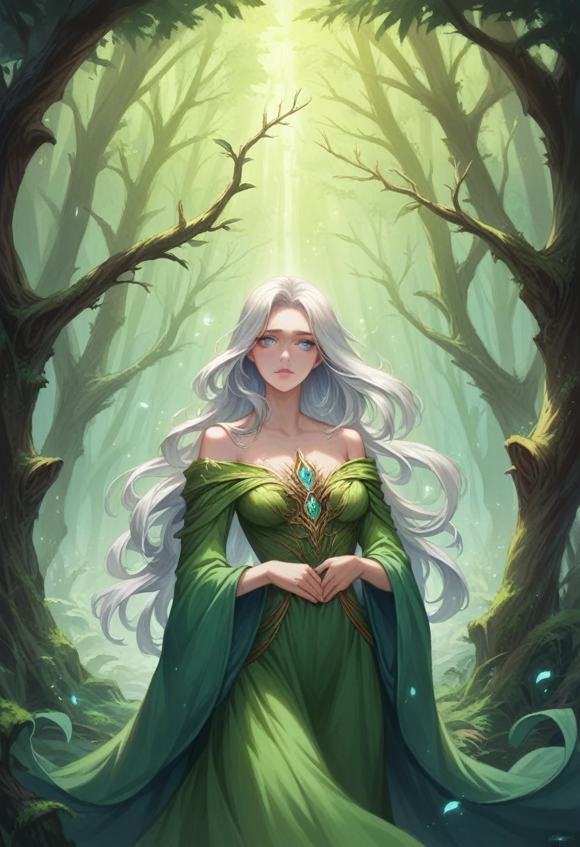 A beautiful elven woman standing in an enchanted forest, with long flowing silver hair, glowing blue eyes, and delicate features. She is wearing a flowing emerald green dress adorned with intricate golden embroidery. The forest is filled with mystical lights and ancient trees with twisted roots and branches. The scene is illuminated by soft, ethereal light filtering through the canopy. Her expression is serene and wise, reflecting centuries of wisdom. Detailed, fantasy, high-resolution, realistic, cinematic lighting.