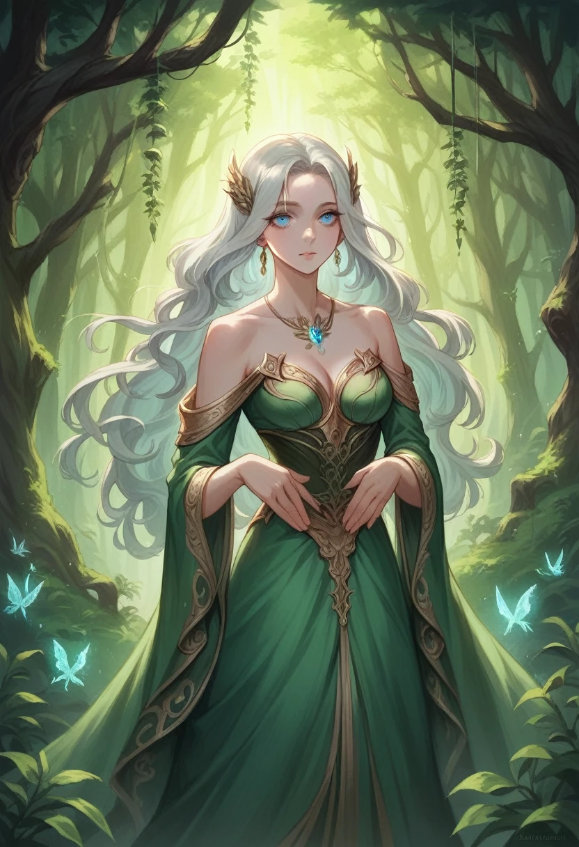 A beautiful elven woman standing in an enchanted forest, with long flowing silver hair, glowing blue eyes, and delicate features. She is wearing a flowing emerald green dress adorned with intricate golden embroidery. The forest is filled with mystical lights and ancient trees with twisted roots and branches. The scene is illuminated by soft, ethereal light filtering through the canopy. Her expression is serene and wise, reflecting centuries of wisdom. Detailed, fantasy, high-resolution, realistic, cinematic lighting.