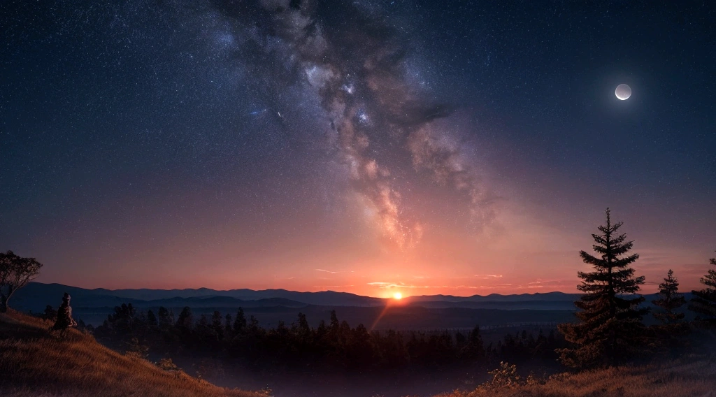 evening、Moonlit Night、Beautiful sunset、Vast night sky、Peaceful、Shine、Fantasy、Cinematic、8K、Ultra HD。