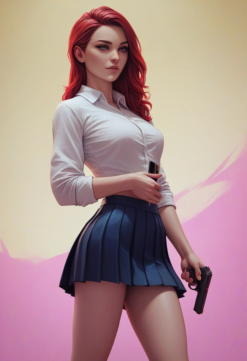 Beautiful girl in (pleated yoke skirt),with red hair,in neon background, with one pistol in his hands, 3D wallpaper for phone.