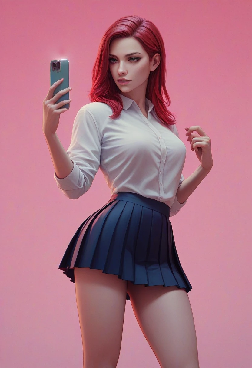 Beautiful girl in (pleated yoke skirt),with red hair,in neon background, with one pistol in his hands, 3D wallpaper for phone.