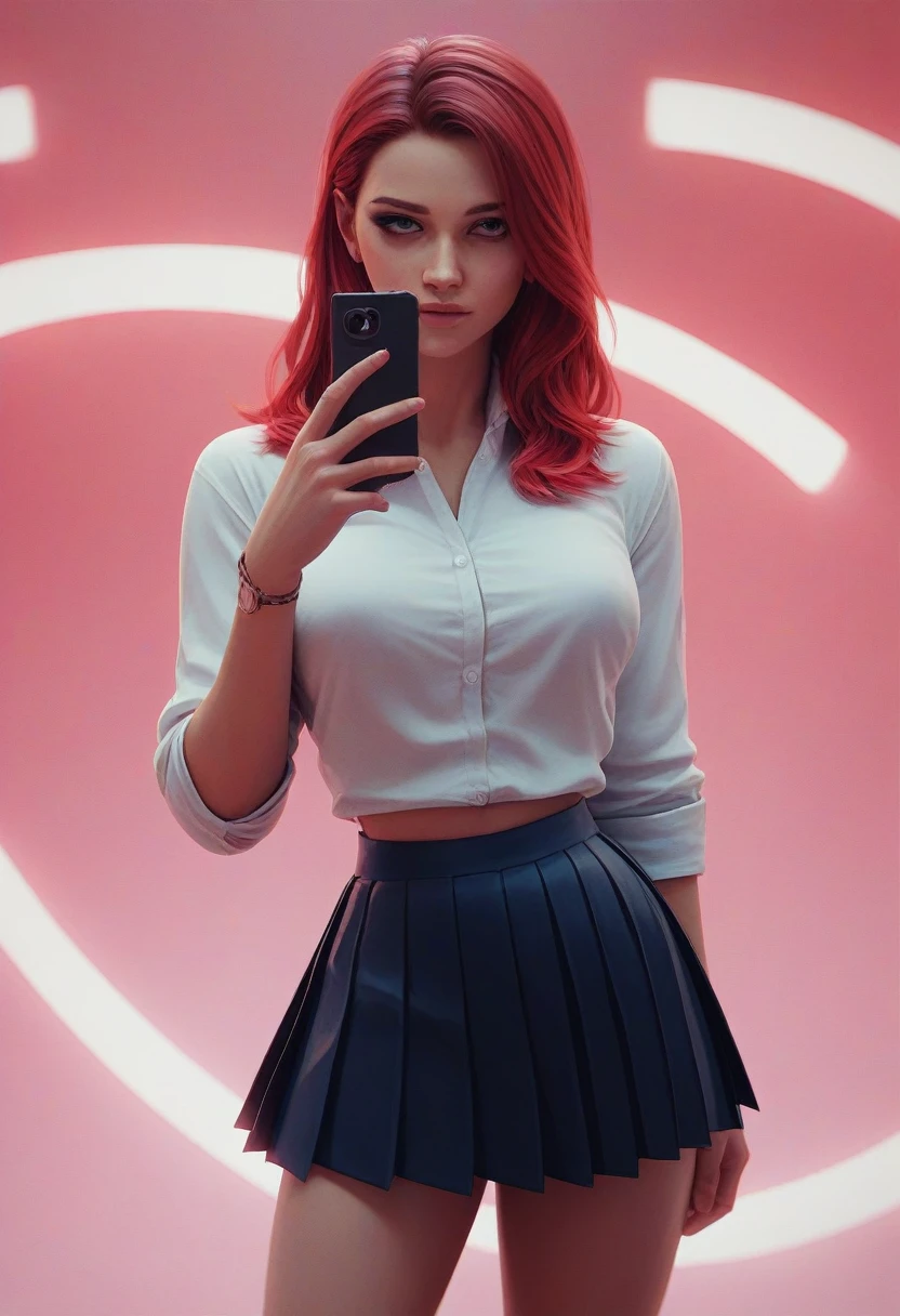 Beautiful girl in (pleated yoke skirt),with red hair,in neon background, with one pistol in his hands, 3D wallpaper for phone.
