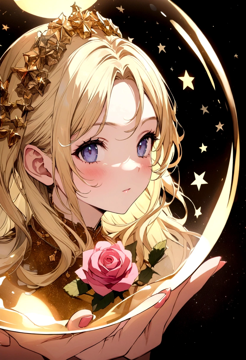 
In a golden transparent glass bubble, Dark Star Background, Beautiful blonde 30 year old angel with Rose of Sharon, k resolution super detailed