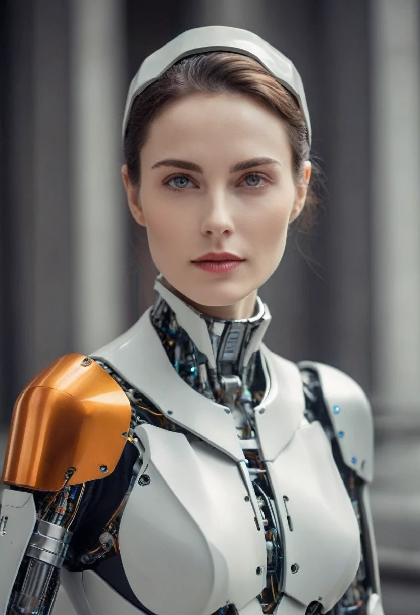 Portrait of a beautiful woman about 35 with a deep look, intelligent eyes and a barely noticeable mysterious smile. Face pale matte, graceful. Features are subtle, Aristocratic. gray eyes, slightly tired with characteristic wrinkles in the corners from frequent concentration and reading. Insightful look,lesiastical architecture, by redefining prestig, wearing detailed robotic suit