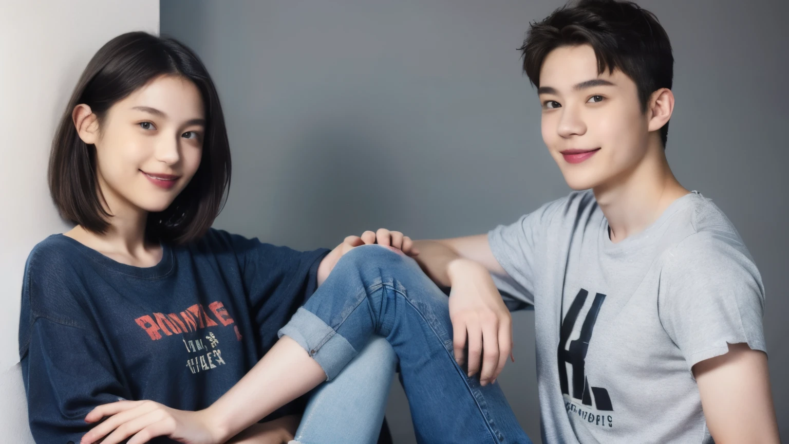 249 (An 18-year-old female and an 18-year-old male), (short hair),kind, lipstick, (Jeans andＴshirt), smile