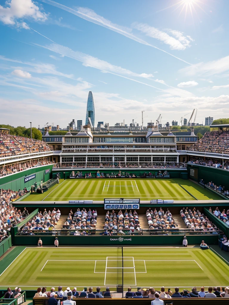 a panoramic view of LONDON Wimbledon striped tennis court in on a sun day, where golden light bathes the iconic clay courts. Without players. The stadium’s modern yet elegant architecture frames the action against the London city skyline with london eye. This panoramic view captures the timeless allure of tennis and the vibrant spirit of London on a bright day