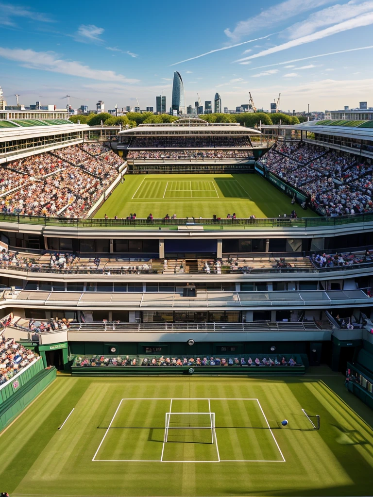 a panoramic view of LONDON Wimbledon striped tennis court in on a sun day, where golden light bathes the iconic clay courts. Without players. The stadium’s modern yet elegant architecture frames the action against the London city skyline with london eye. This panoramic view captures the timeless allure of tennis and the vibrant spirit of London on a bright day
