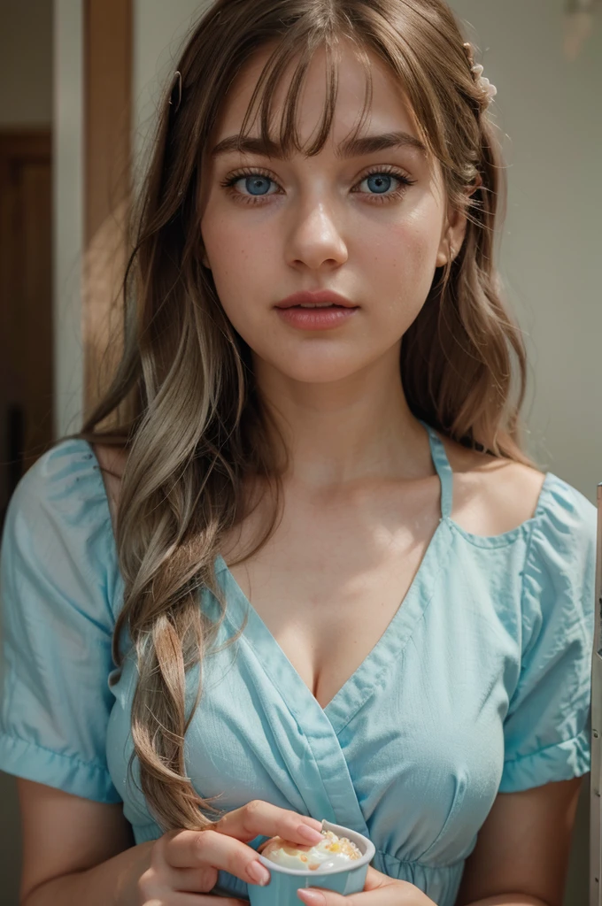a close-up of a person holding an ice cream cone, sweet girl, woman with wavy silver hair, bangs, light blue eyes, red lips, tender green dress,1girl,solo,, official art, unity 8k wallpaper, ultra detailed, beautiful and aesthetic, beautiful, masterpiece, best quality, A girl with long brown hair, has brown eyes with long eyelashes, her cheeks are natural red, she is wearing a sexy clothes