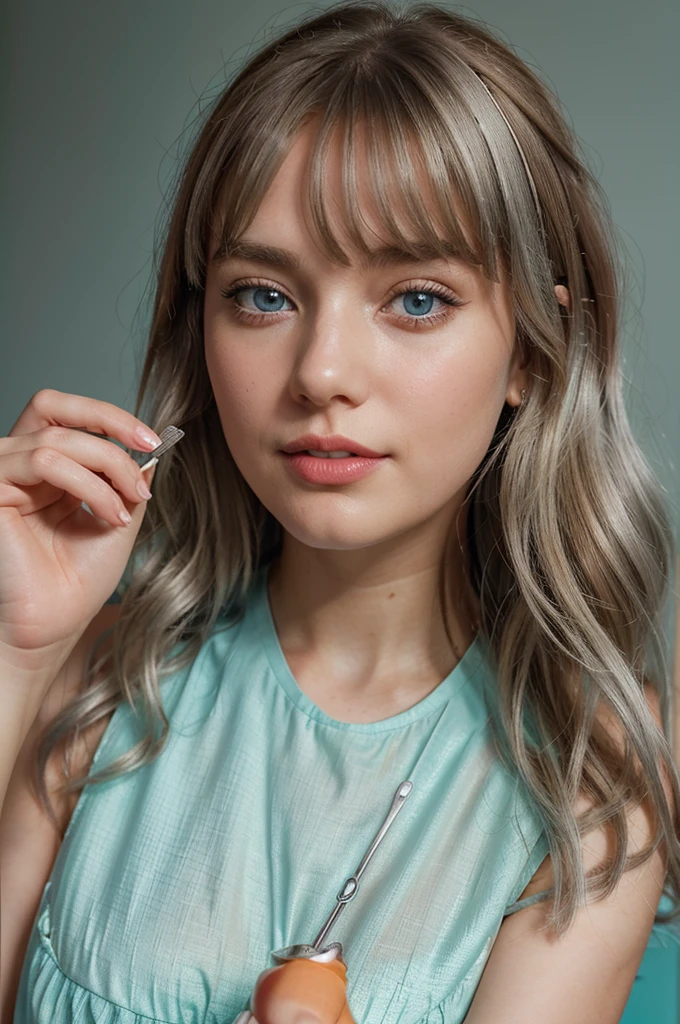 a close-up of a person holding an ice cream cone, sweet girl, woman with wavy silver hair, bangs, light blue eyes, red lips, tender green dress,1girl,solo,, official art, unity 8k wallpaper, ultra detailed, beautiful and aesthetic, beautiful, masterpiece, best quality, A girl with long brown hair, has brown eyes with long eyelashes, her cheeks are natural red, she is wearing a sexy clothes