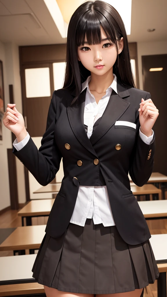 ((Tabletop)), (Detailed face), (highlight), Asian Girl、Big breasts、thigh、Black Hair、Heavy bangs、high school girl、skirt、blazer、