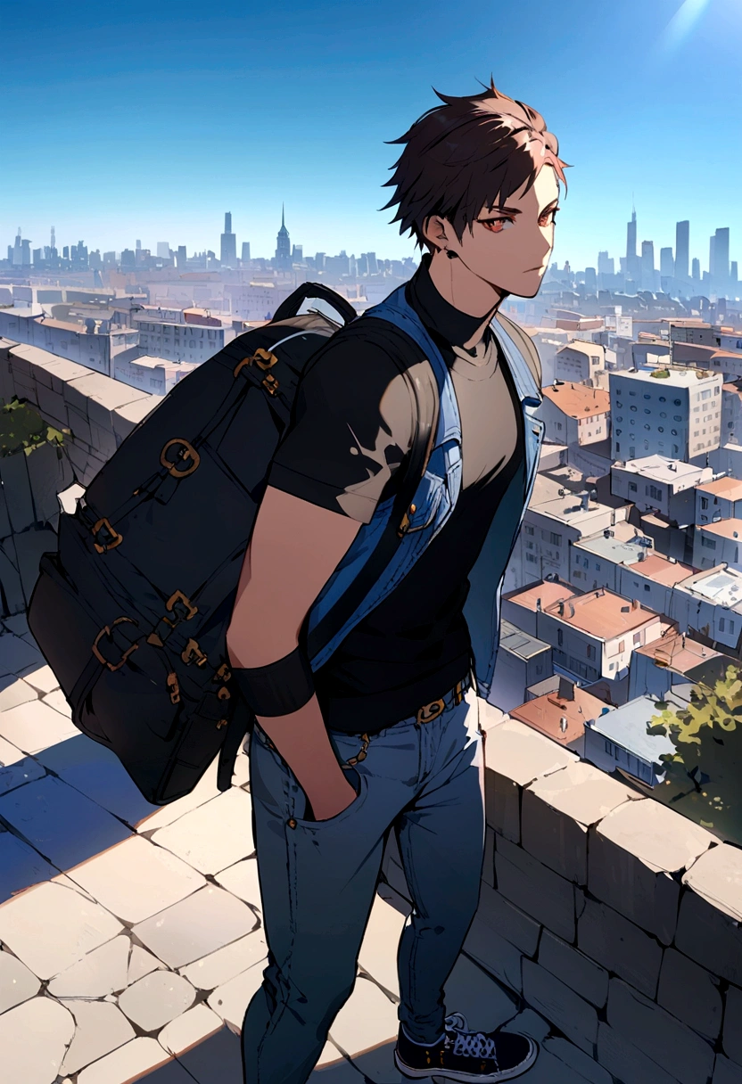 Delsin Rowe wearing a black sweatshirt, blue denim vest over, gray jeans and black sneakers. In the background there is a city, daylight and blue sky.