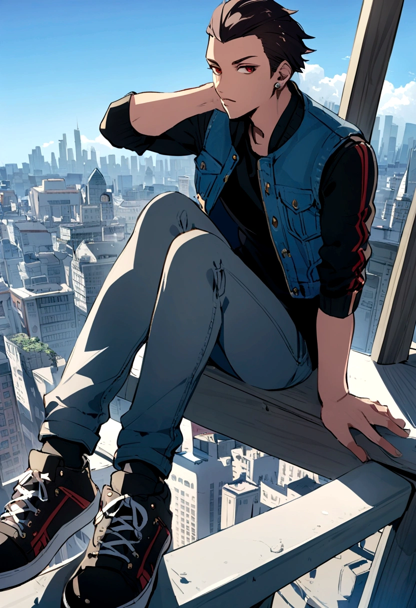 Delsin Rowe wearing a black sweatshirt, blue denim vest over, gray jeans and black sneakers. In the background there is a city, daylight and blue sky.