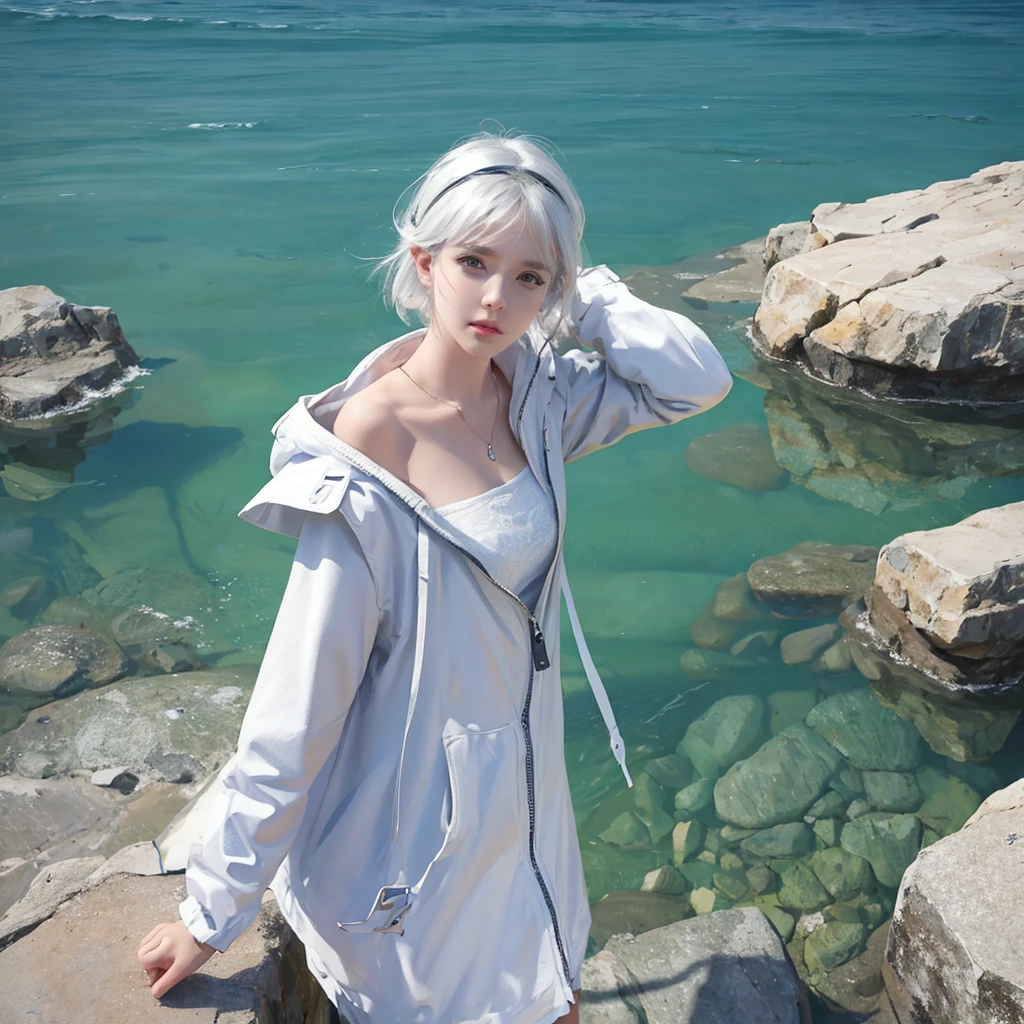 Short white hair girl, with white jacket and headband, reflected in crystal clear waters,full HD,8k,realist
