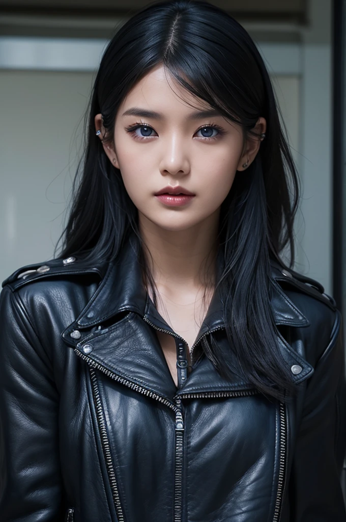 30-year-old woman,Black Hair,Asian,Korean style long hair,Headband,Long Bangs,Blue Eyes,Dark Skin,leather jacket,Tattoo