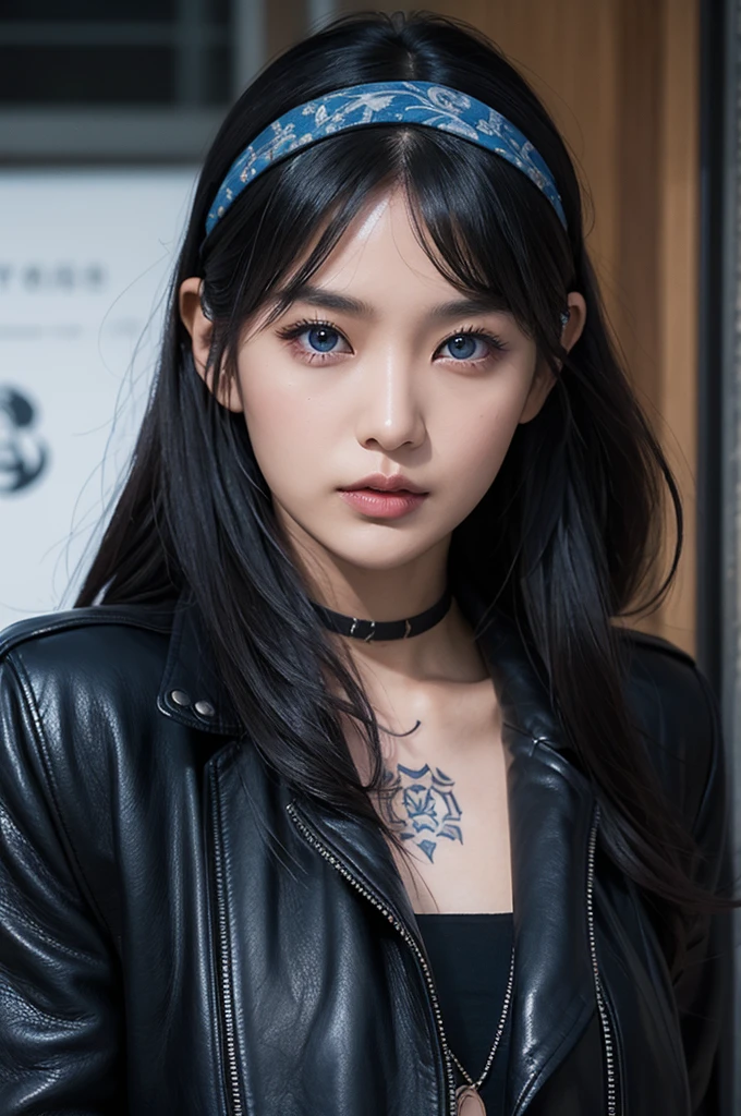 30-year-old woman,Black Hair,Asian,Korean style long hair,Headband,Long Bangs,Blue Eyes,Dark Skin,leather jacket,Tattoo