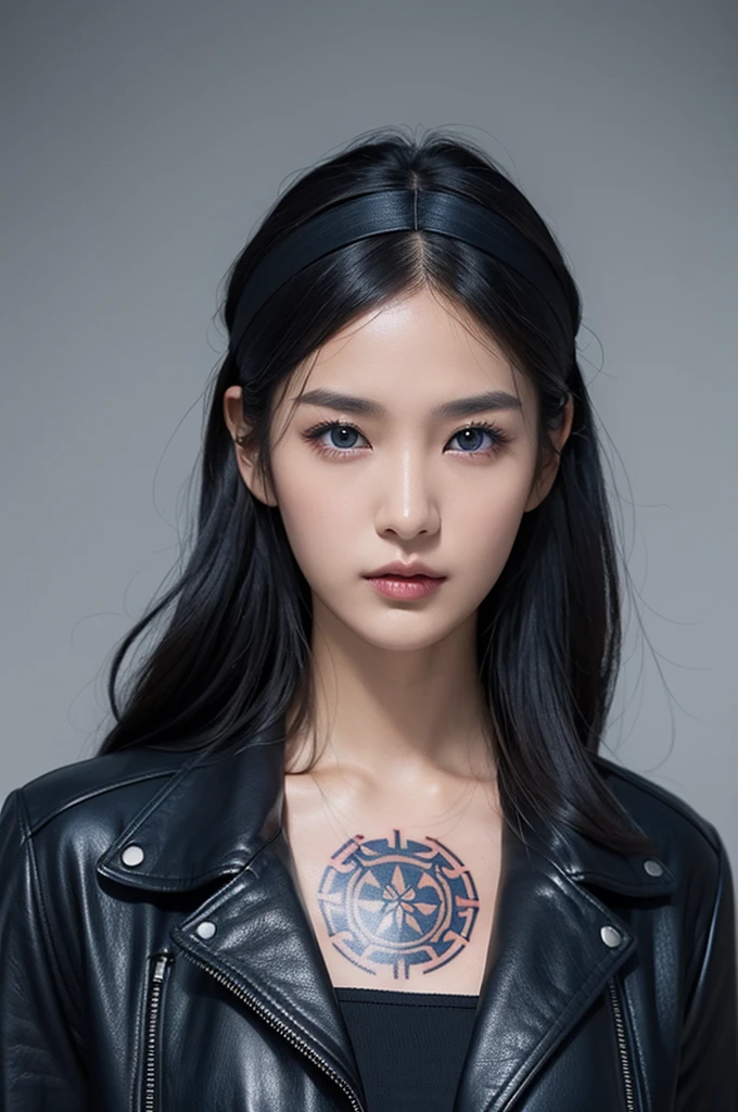 30-year-old woman,Black Hair,Asian,Korean style long hair,Headband,Long Bangs,Blue Eyes,Dark Skin,leather jacket,Tattoo