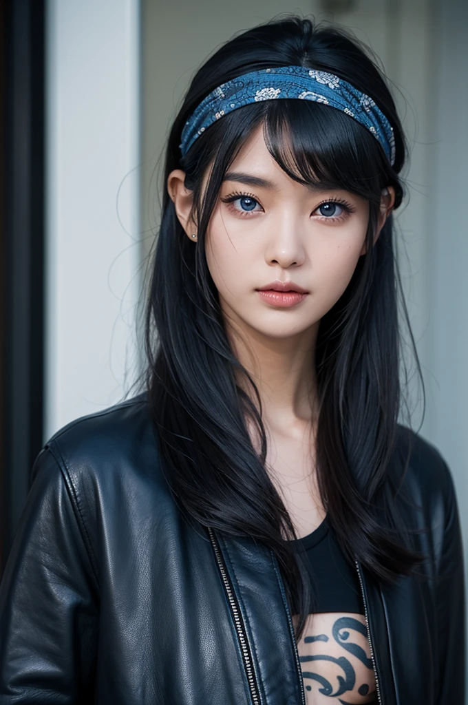30-year-old woman,Black Hair,Asian,Korean style long hair,Headband,Long Bangs,Blue Eyes,Dark Skin,leather jacket,Tattoo