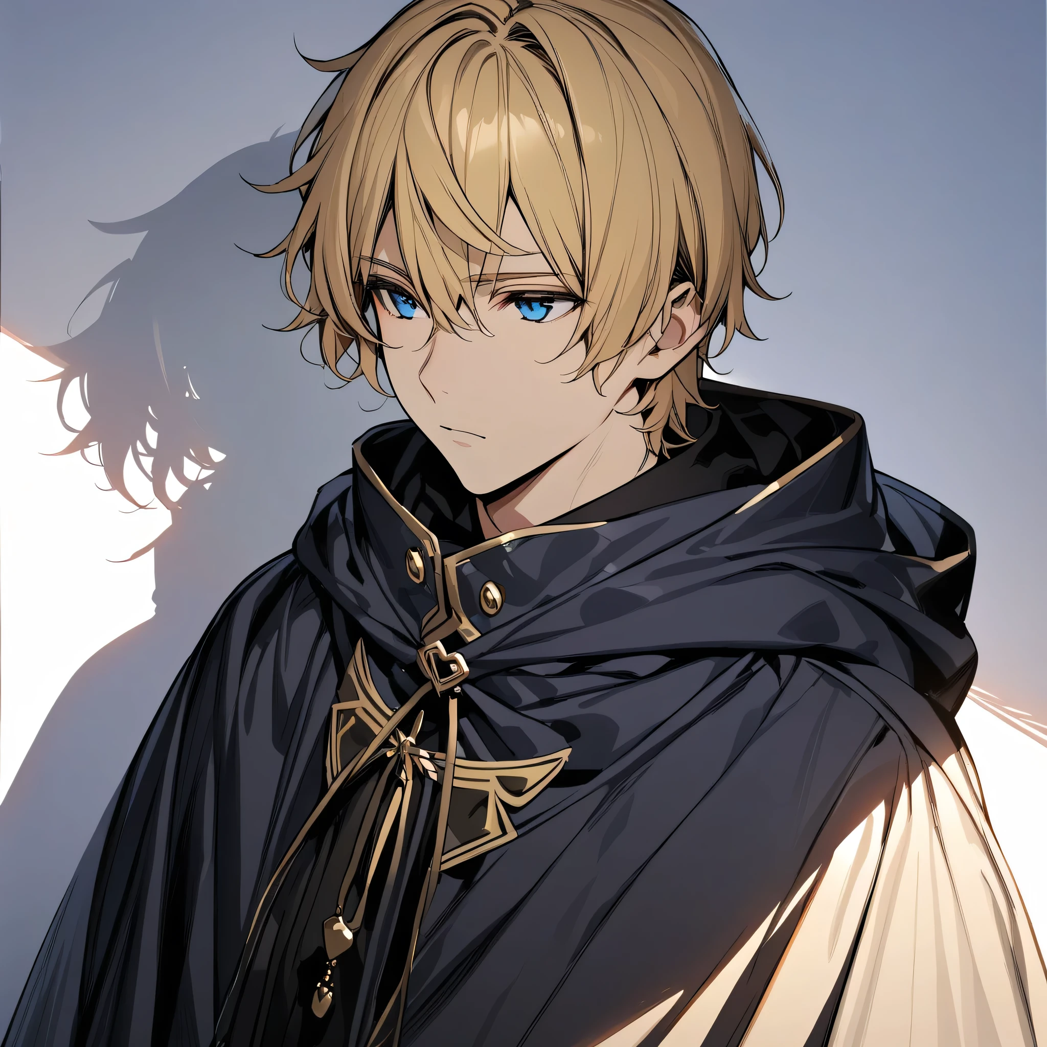 (masterpiece),(best quality),(ultra-detailed),(best illustration),(best shadow),(absurdres),(detailed background),(very aesthetic),hyakuya mikaela, 1boy, male focus, blue eyes, solo, blonde hair, white background, simple background, cloak, hood, upper body, closed mouth, expressionless, hood down