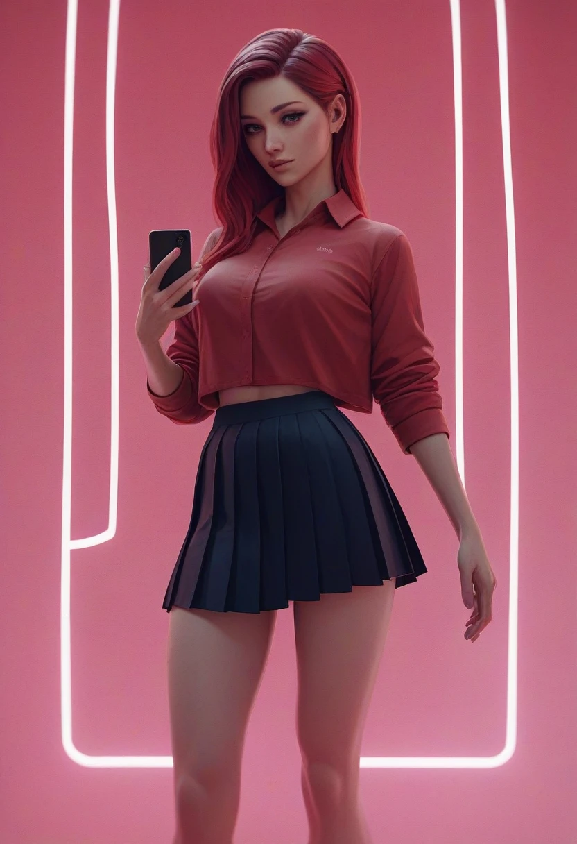 Beautiful girl in (pleated yoke skirt),with red hair,in neon background, without anything in your hands, 3D wallpaper for phone.