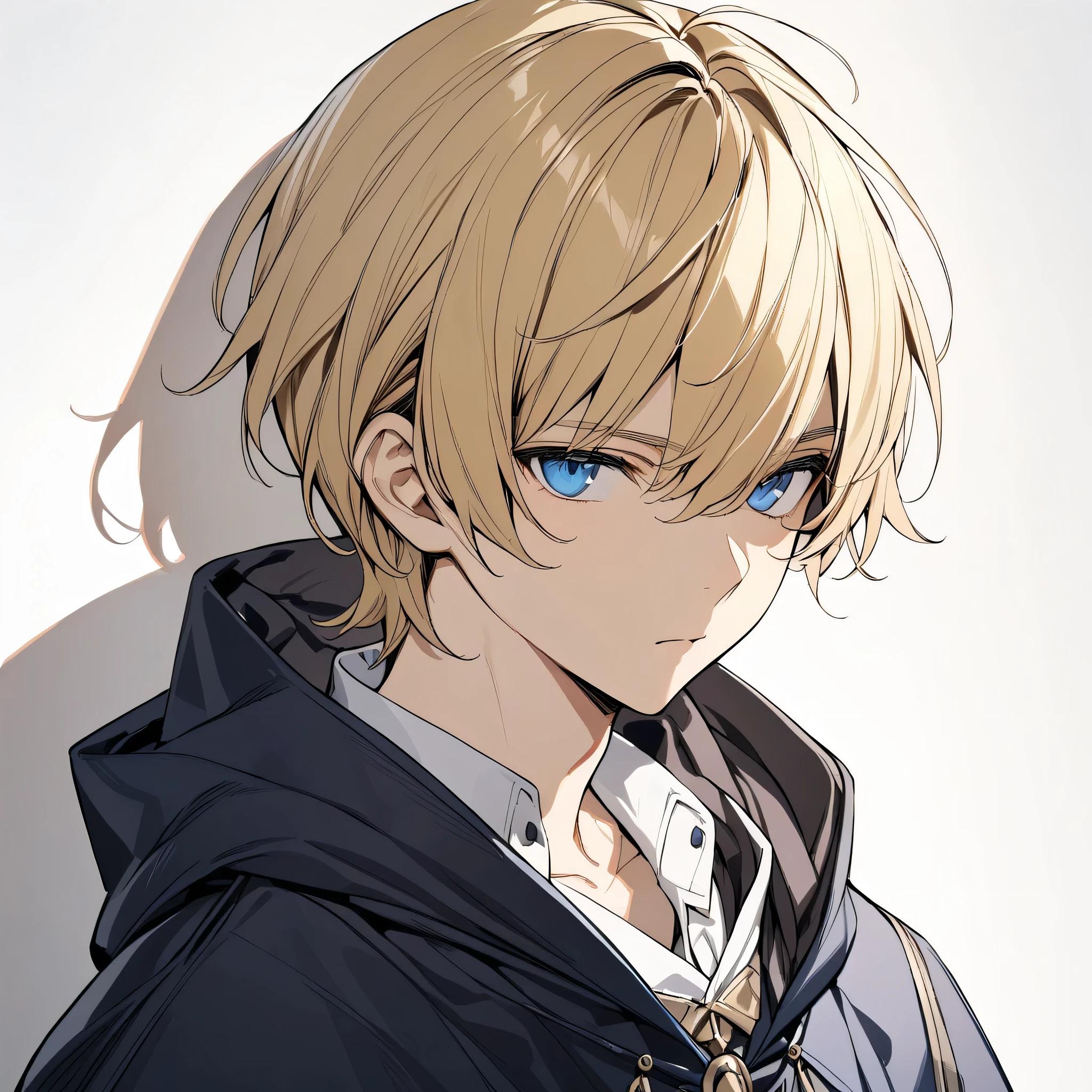 (masterpiece),(best quality),(ultra-detailed),(best illustration),(best shadow),(absurdres),(detailed background),(very aesthetic),hyakuya mikaela, 1boy, male focus, blue eyes, solo, blonde hair, white background, simple background, cloak, hood, upper body, closed mouth, expressionless, hood down