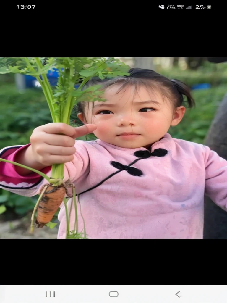 The little girl pulled up the carrot, black and white line drawing, double ponytail hairstyle, happy expression, cute print style