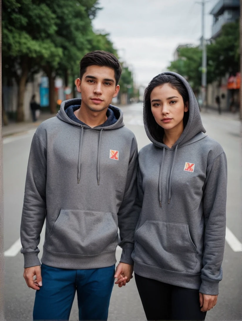 A handsome man in a hoodie is holding the hand of a beautiful woman in a hoodie. Urban street background