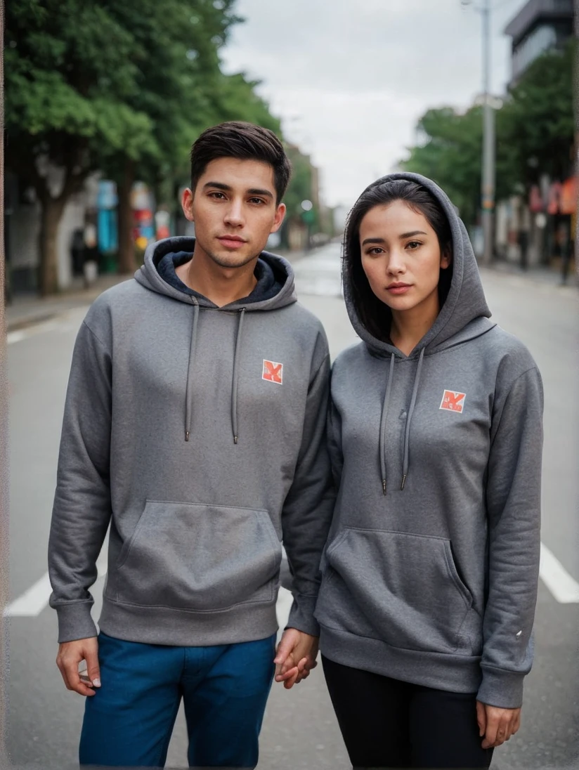 A handsome man in a hoodie is holding the hand of a beautiful woman in a hoodie. Urban street background