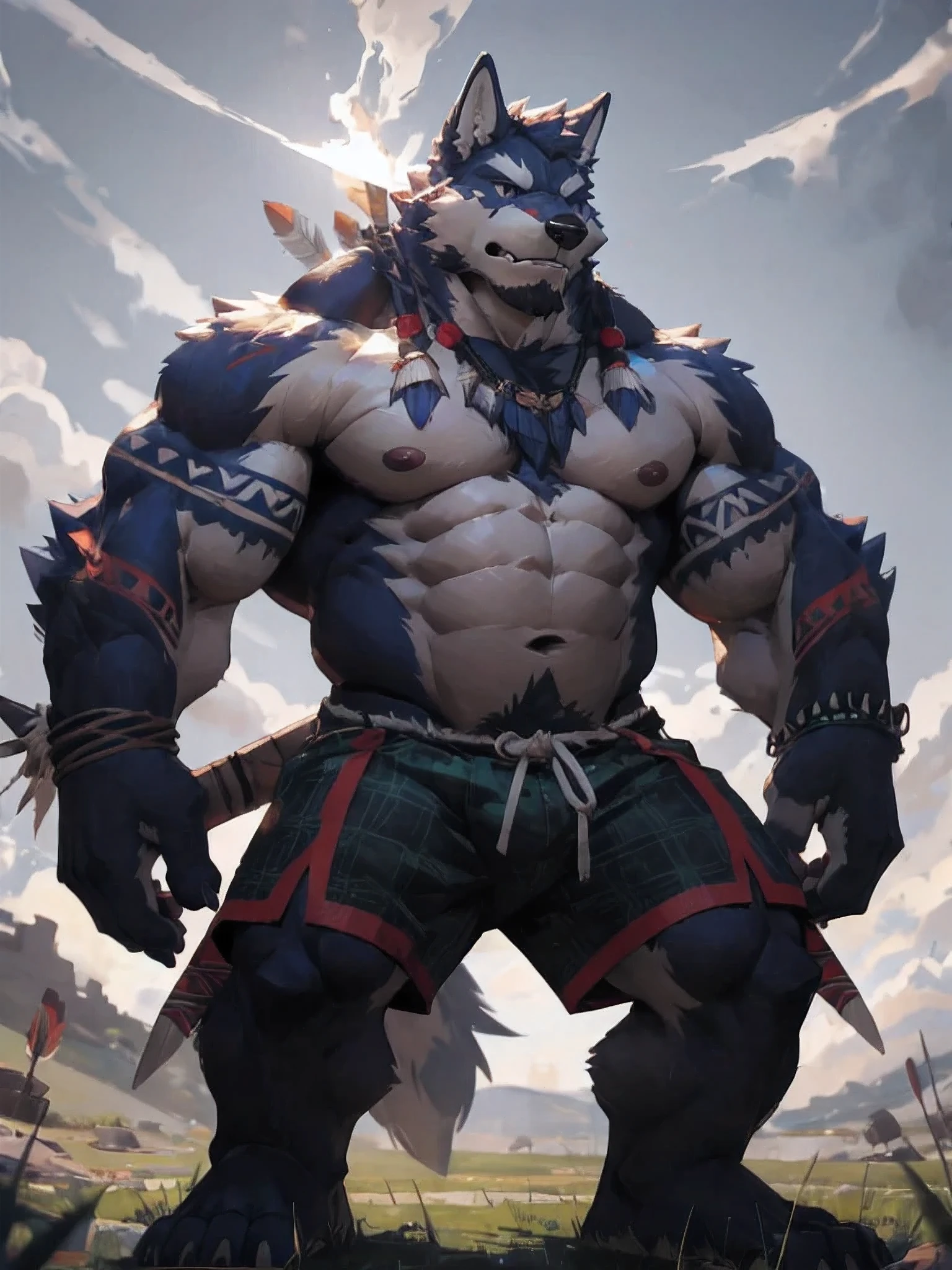 furry character,A very tall and strong wolf,His upper body was naked and his lower body was dressed in woven grass shorts,He held a spear in his hand,His body was adorned with the trappings of nomads,He has a primitive tribe totem tattooed on his body,He had a serious expression on his face,He's the chief of the tribe,The background of the picture is grassland,(black eyes:1.5),by null-ghost,by lindong
