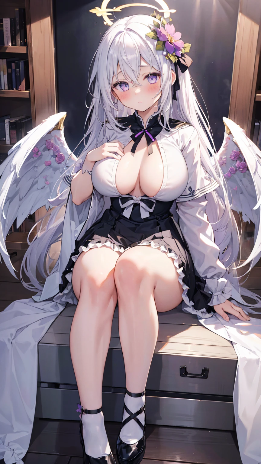 azusa \(blue archive\),purple eyes,white hair,long hair,wings,hair flower,halo,white capelet,black sailor collar,black frilled dress,white footwear,(exposed chests:1.4),(big chest:1.3),(big breast:1.3),(blush:1.2)