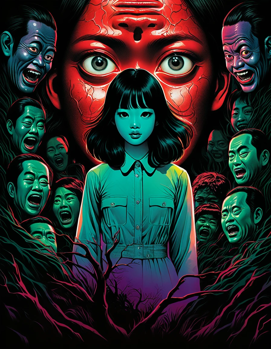 An illustration、art、70s Thai horror movie poster, Supervised by Junji Ito、High detail, Realistic Shadows、Analog Style, chromatic aberration, Surrealism、Complementary Gradient