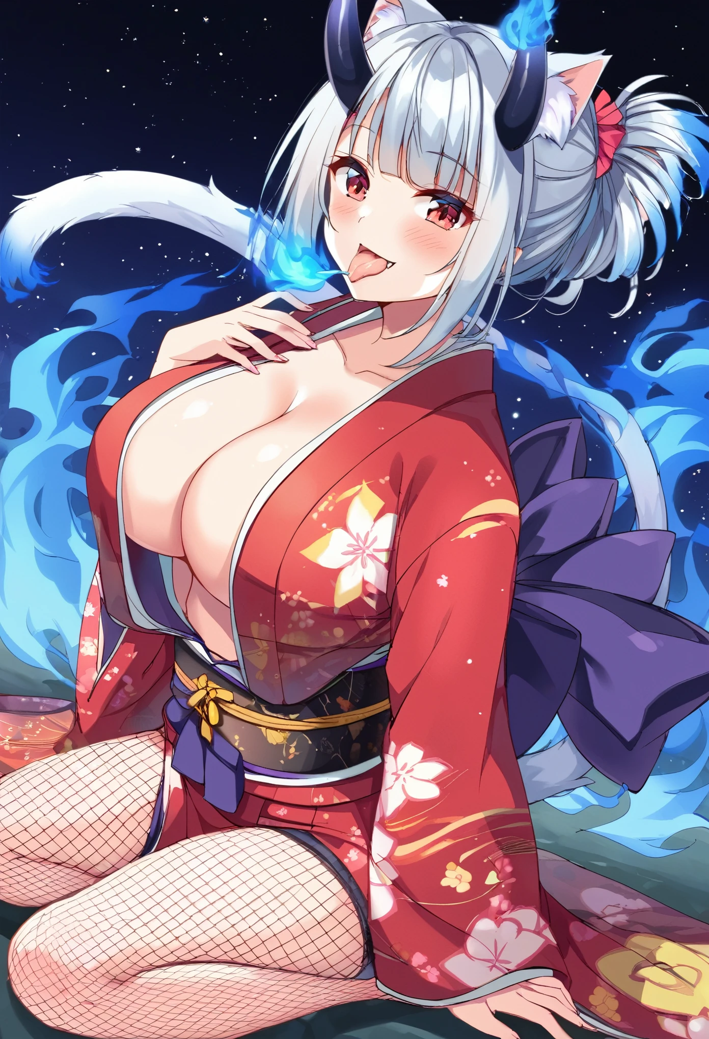 (((blue　fire manipulation)))、(red cat eyes)、Solo,Silver hair、(twin tail hair:1.5)、（DEMON horns）,underboob、girl with horns、(SAMURAI)、(((Japanese KIMONO armor)))、(((Fishnet tights)))、cleavage、big breasts、 、moonlit night、 ferocious smil、fang 、tongue licking、（（seiza, formal sitting, kneeling. seiza. ））、magic circle appears