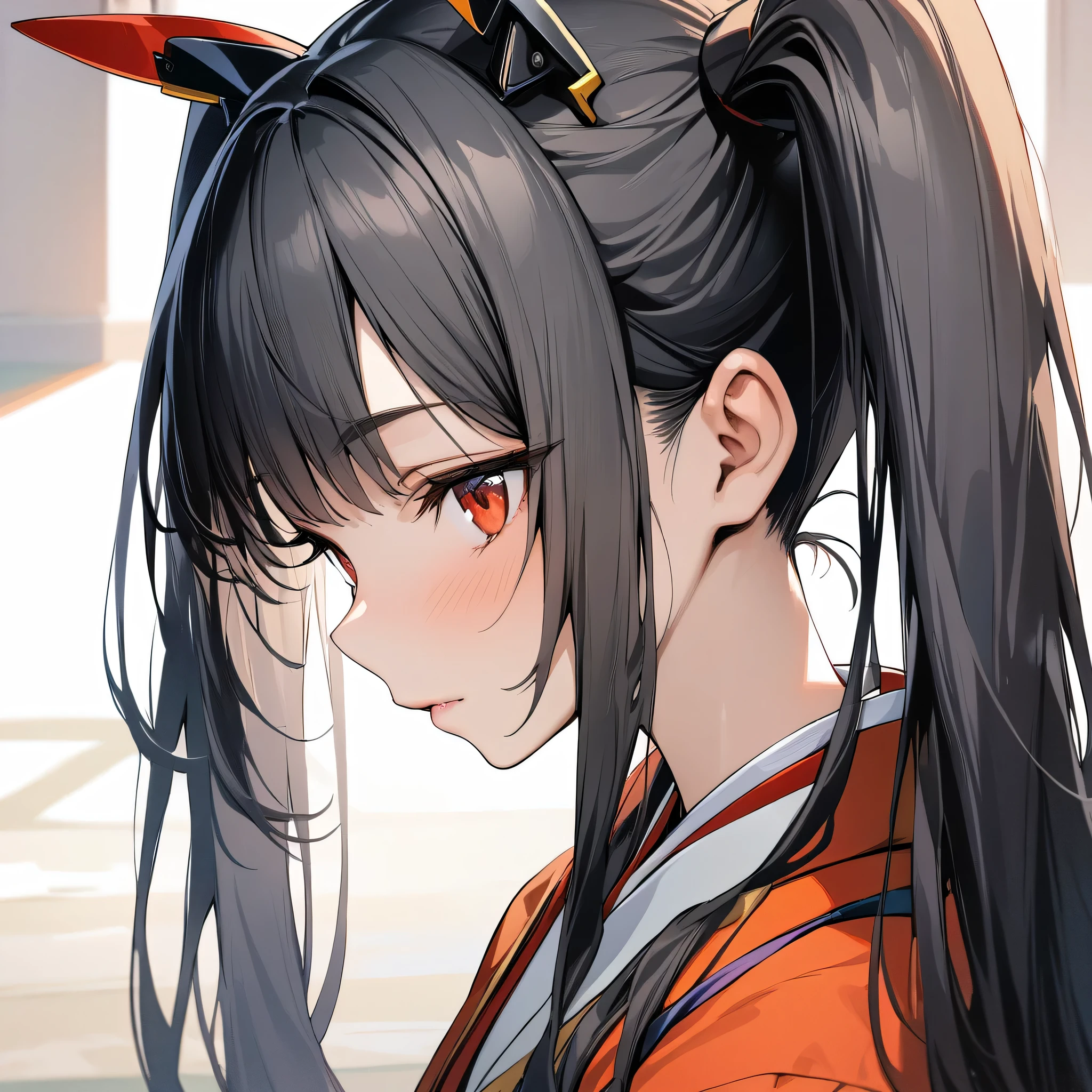 (masterpiece),(best quality),(ultra-detailed),(best illustration),(best shadow),(absurdres),(detailed background),(very aesthetic), kaguya(qbg), twintails, solo, long hair, black hair, very long hair, red eyes, japanese clothes, portrait, very close-up, 