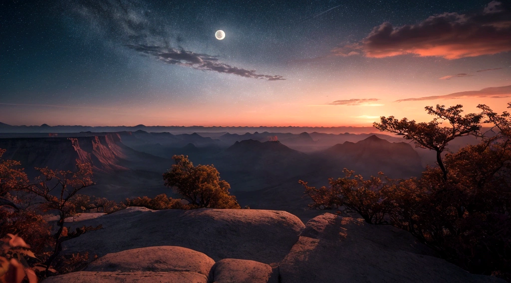 evening、Moonlit Night、Beautiful sunset、Vast night sky、Peaceful、Shine、Fantasy、Cinematic、8K、Ultra HD。