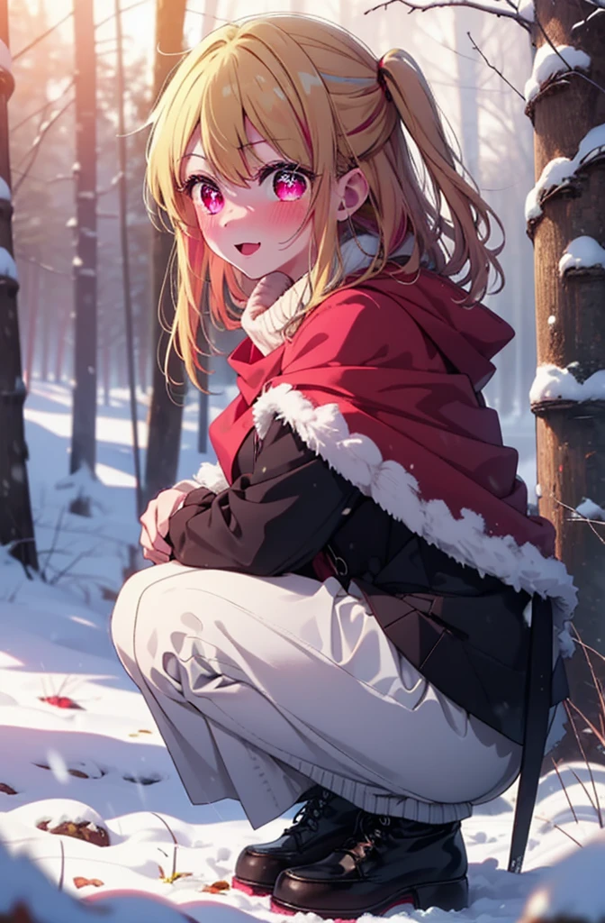 rubyhoshino, Hoshino Ruby, Long Hair, bangs, Blonde, (Pink Eyes:1.3), Side Lock, (Symbol-shaped pupil:1.5), Multicolored Hair, Two-tone hair, smile,,smile,blush,White Breath,
Open your mouth,snow,Ground bonfire, Outdoor, boots, snowing, From the side, wood, suitcase, Cape, Blurred, , forest, White handbag, nature, Squat, Mouth closed, Cape, winter, Written boundary depth, Black shoes, red Cape break looking at viewer, Upper Body, whole body, break Outdoor, forest, nature, break (masterpiece:1.2), Highest quality, High resolution, unity 8k wallpaper, (shape:0.8), (Beautiful and beautiful eyes:1.6), Highly detailed face, Perfect lighting, Highly detailed CG, (Perfect hands, Perfect Anatomy),