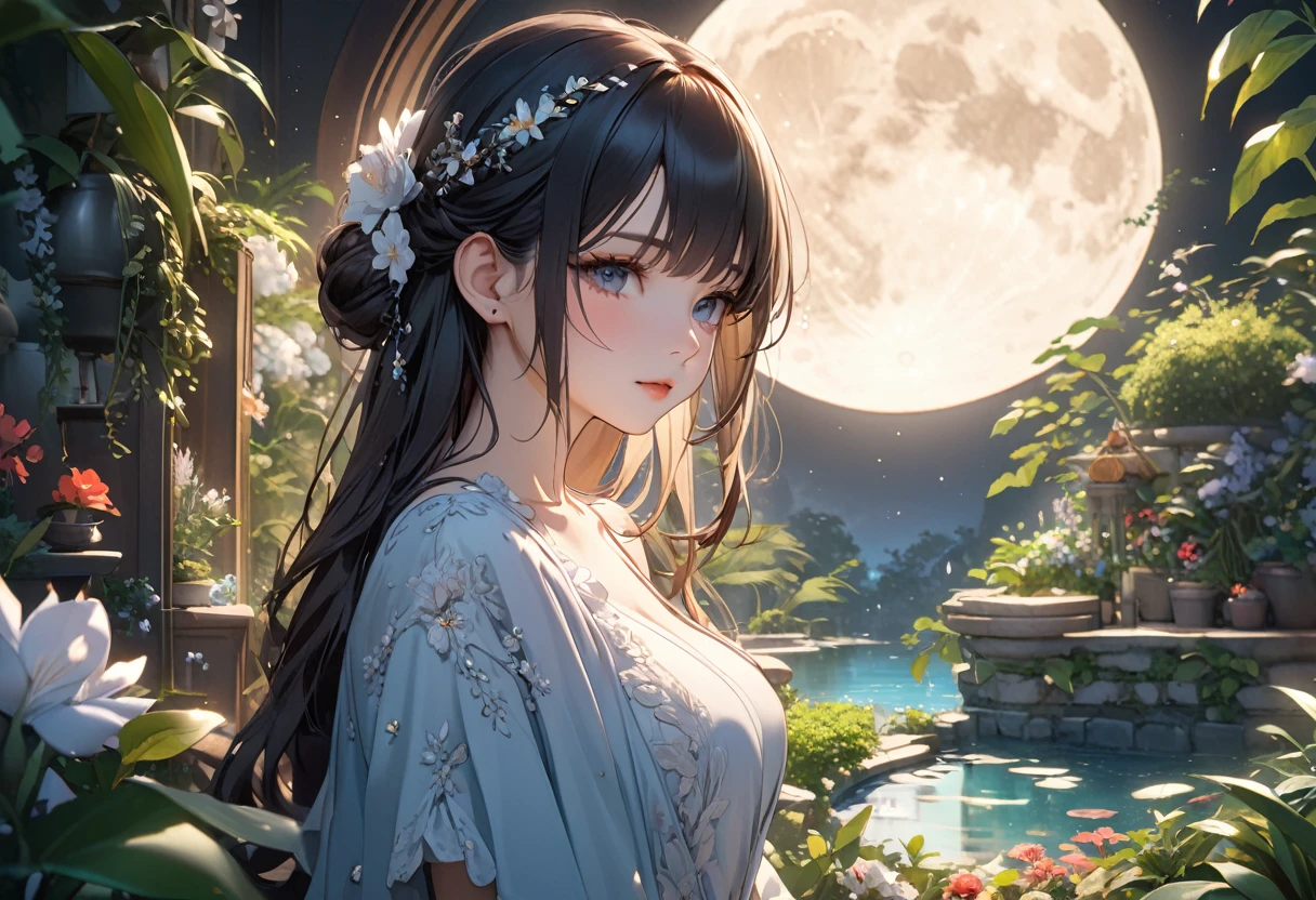 8k,ultra detailed face,((Highest quality)),((high-res)),1 woman,moon, A magical indoor garden